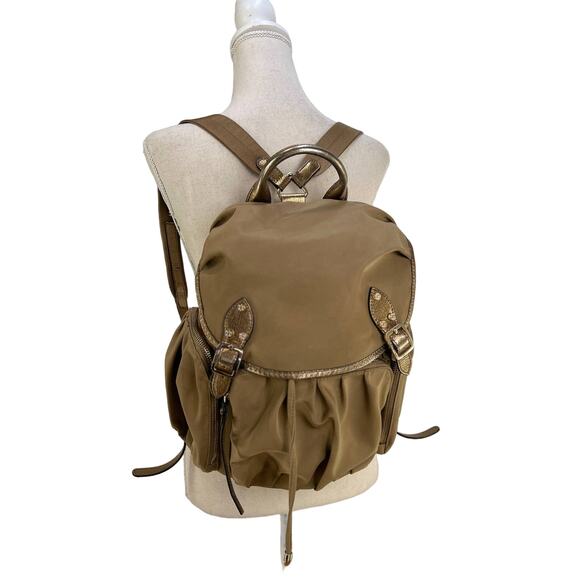 MZ Wallace Marlena Bedford Nylon Drawstring Backpack Tan Metallic Leather Trim main image 4